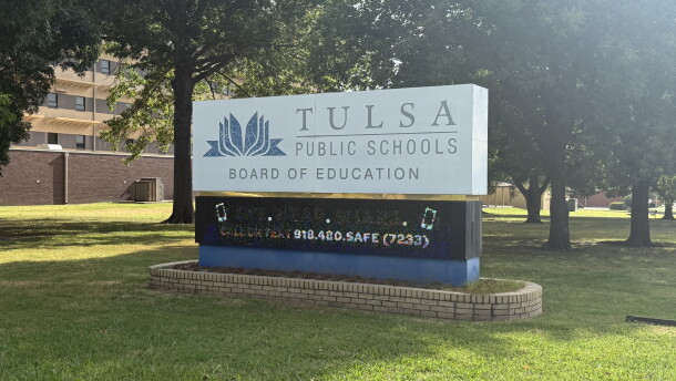 Tulsa Public Schools Board of Education sign sits at the front of the TPS building stationed on East 31st Street.