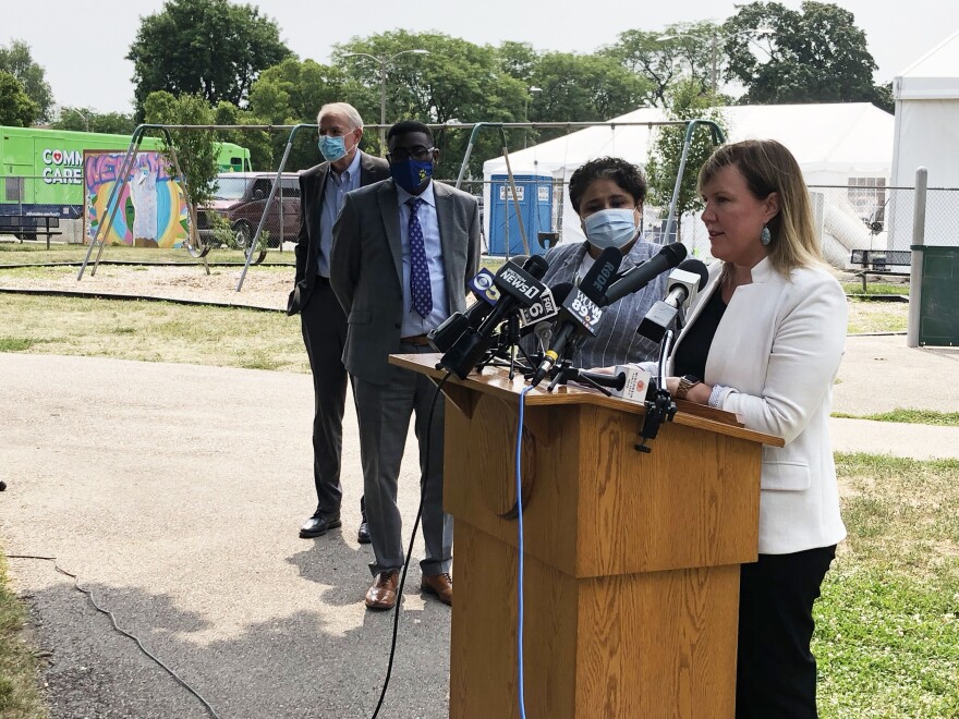 Milwaukee Health Commissioner Kirsten Johnson speaks at press conference encouraging vaccination ahead of the new school year.