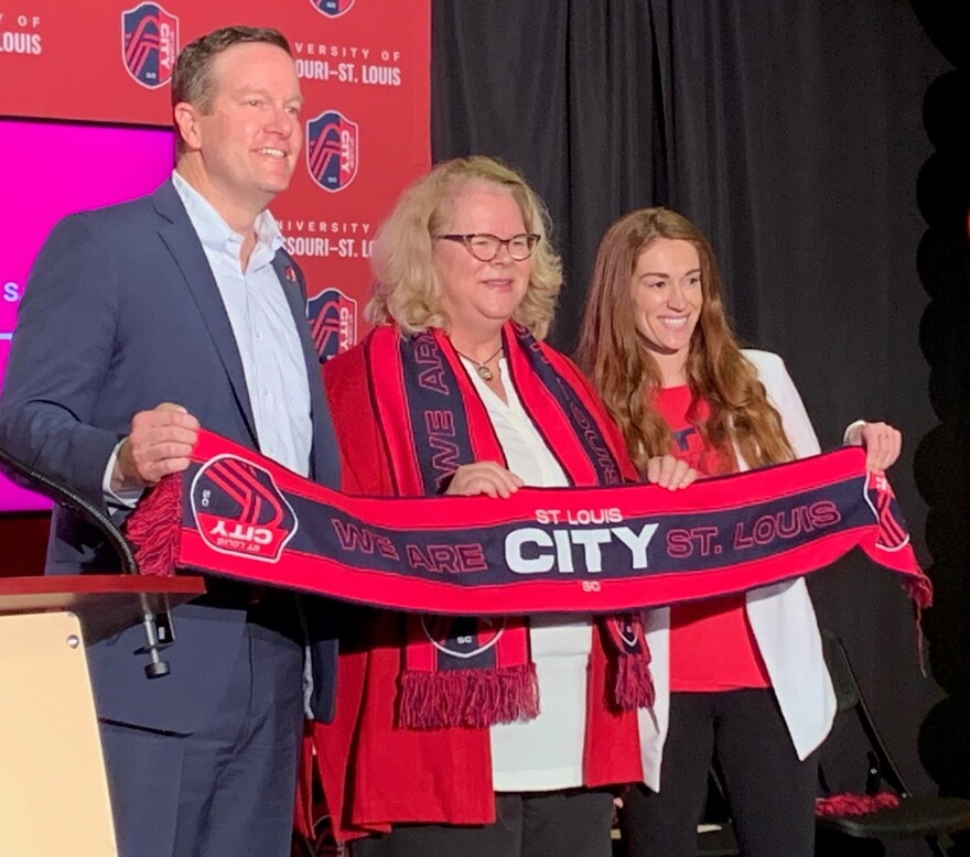 St. Louis City SC Chief Revenue Officer Dennis Moore, UMSL Chancellor Kristin Sobolik and City SC Match Day Correspondent Kristen Carver announce a partnership on Jan. 19, 2023.