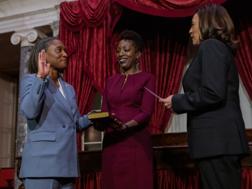 Sen. Laphonza Butler, D-Calif. is sworn in by Vice President Kamala Harris at the U.S. Capitol on October 3, 2023.