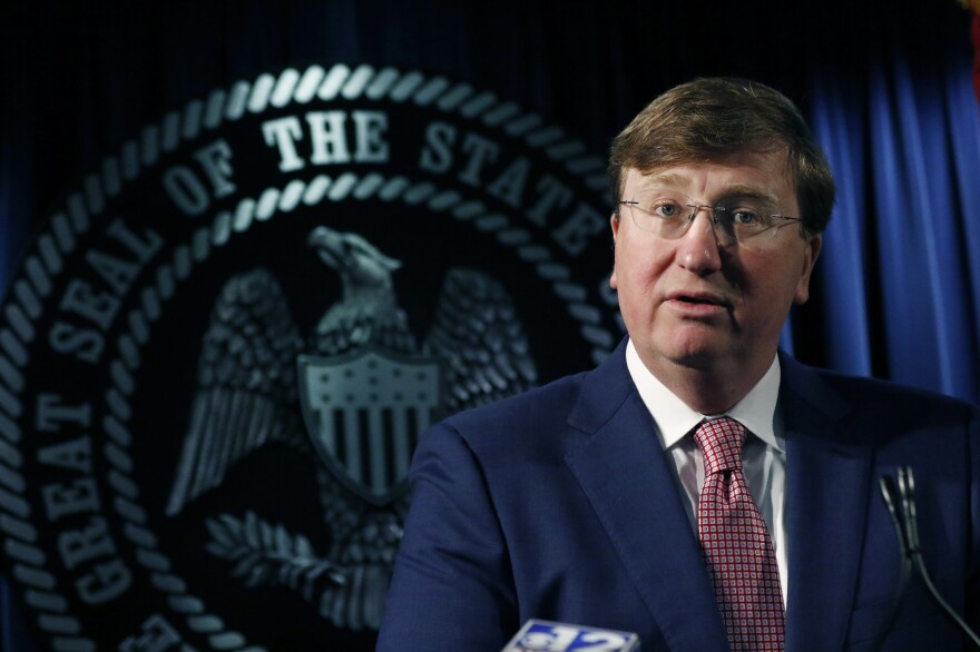 Republican Gov. Tate Reeves speaks with reporters on a variety of issues, including the state prison system, on Feb. 6. in Jackson, Miss.