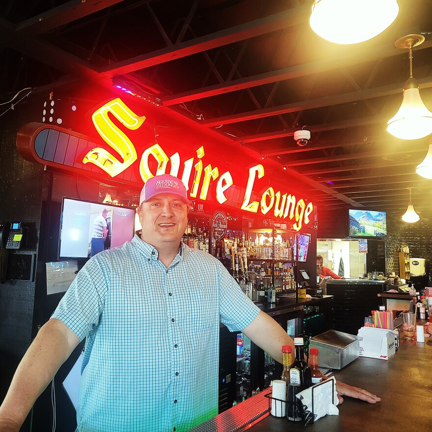 Reid Pyburn and his wife and business partner, Shawna who also own the High Horse Saloon and Eatery purchased The Squire Lounge and Patio three years ago. This iconic establishment that Reid calls a “dive bar” serves up a steak with all the fixings for $20 on Thursday nights.