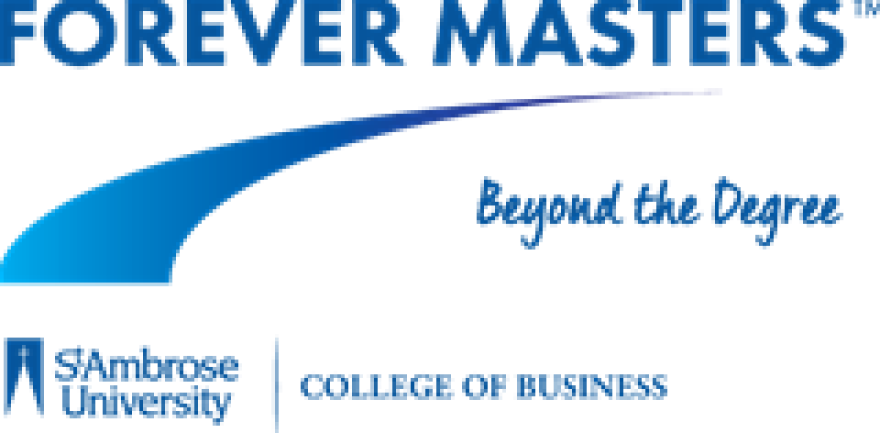 Forever Masters logo with white background and blue text, includes words "beyond the degree" and St. Ambrose University, College of Business