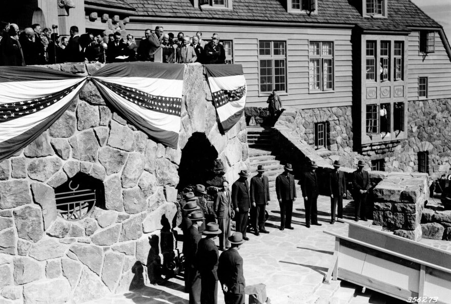 President Roosevelt Dedicating Timberline Lodge, in the Mount Hood National Forest in 1937. (Wikimedia Commons)