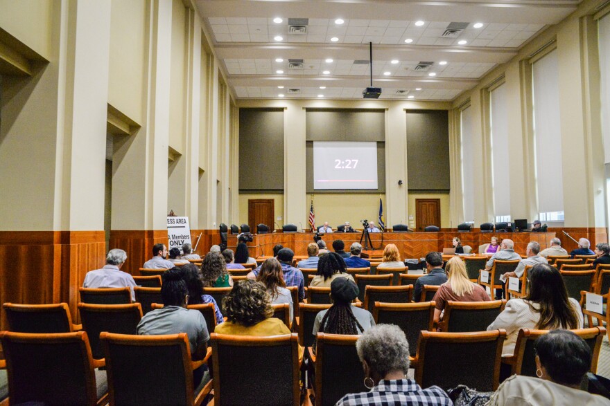 The hearing room within the Department of Natural Resources' headquarters in the LaSalle building in Baton Rouge, Louisiana as the Environmental Protection Agency heard public comment on the state's bid to regulate carbon capture wells on Wednesday, June 21, 2023.