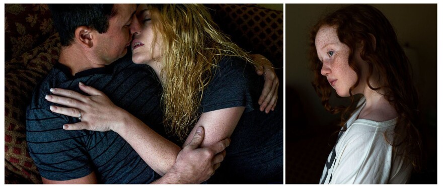 Alyssa kisses her fiancé, Morgan Still, at their home in Tulsa. At right is Alyssa's daughter MacKenzie, 10, visiting at her mother's home. Alyssa is in the process of gaining custody of MacKenzie.