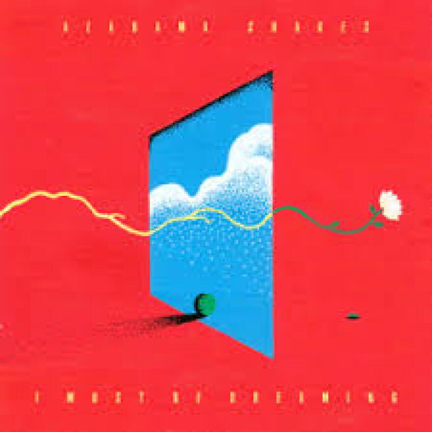 A red background with a drawn picture of a sky in the middle, and a root floating through it.