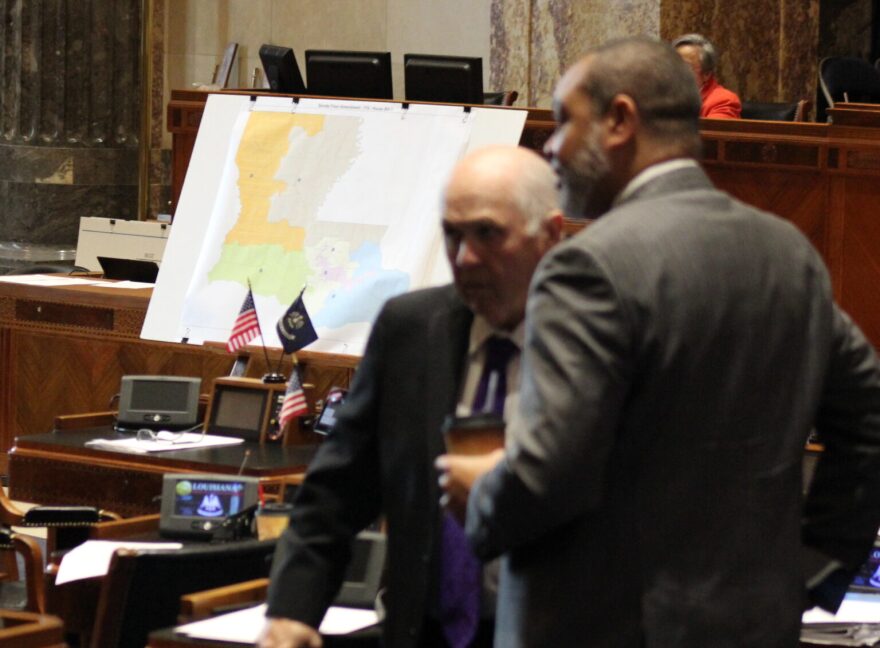 Louisiana Senators talk during a recess of the 2022 Redistricting Session on Feb. 18, 2022. (Wes Muller/Louisiana Illuminator)