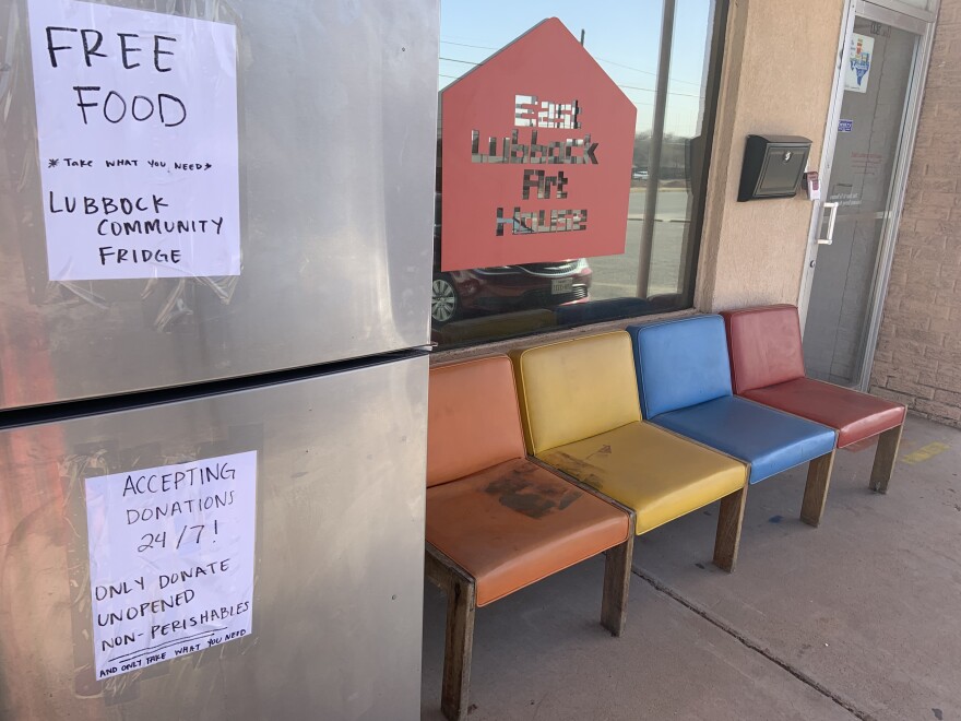 This refrigerator contains non-perishable food items for anyone to take any time of day.