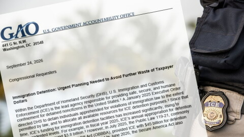 First page of the GAO report sits on top of a photo with an ICE agent's badge and gun in front of blurry palm trees. 