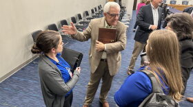 Former state Sen. Eddie Joe Williams talks with Arkansas Department of Corrections staff after being named interim secretary of corrections on Jan. 31, 2024.