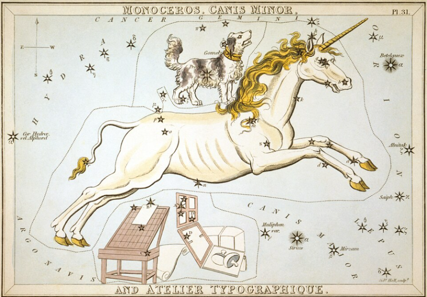 They can't all be winners: Astronomical chart showing the constellations of Monoceros, Canis Minor and the obsolete constellation Atelier Typographique (Officina Typographica).
