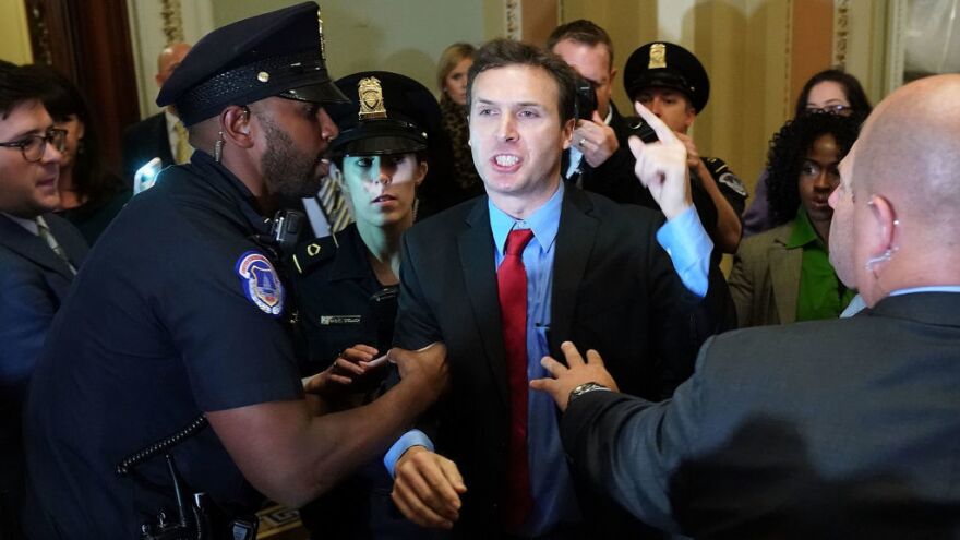 Ryan Clayton of Americans Take Action is corralled by police after he threw Russian flags at Senate Majority Leader Mitch McConnell and President Trump as they arrived for the Republican Senate Policy Luncheon at the Capitol.