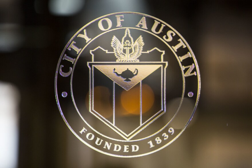 The seal of the City of Austin in Austin City Hall.