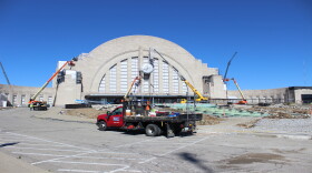 Construction crews work on Cincinnati's Union Terminal in May 2017.