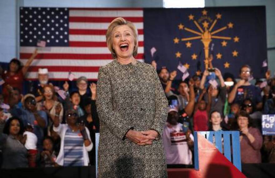 Democratic presidential candidate Hillary Clinton reacts to the audience during a campaign stop in Indianapolis, Sunday, May 1, 2016.