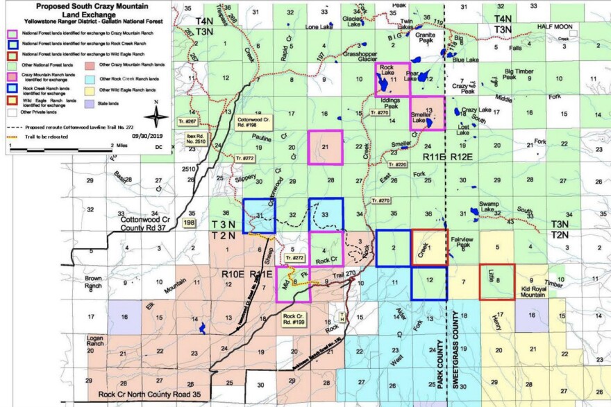 A map in the Custer Gallatin National Forest Service's South Crazy Mountains Land Exchange Environmental Assessment shows proposed land exchanges between three private land owners and the agency.