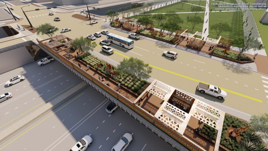 An illustration showing what a cap north of Cesar Chavez could look like. In this image, the cap is covered with a park. The Cesar Chavez bridge over I-35 includes shade structures, benches and landscaping.