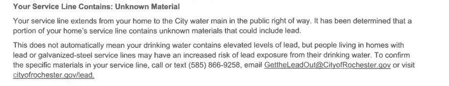 An excerpt from a letter notifying one household that the city does not know what materials are contained in its water service line.
