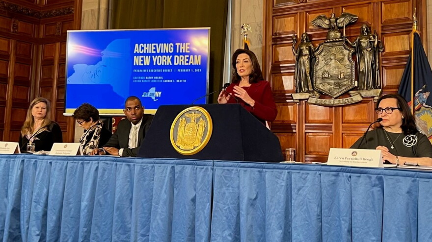  Gov. Kathy Hochul presents her executive budget for fiscal year 2024 on Feb. 1, 2023, in Albany.