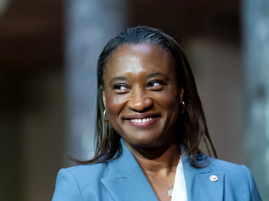 Laphonza Butler, D-Calif., smiles during a re-enactment of her swearing-in ceremony to the Senate to succeed the late Sen. Dianne Feinstein, Oct. 3, 2023, on Capitol Hill in Washington.