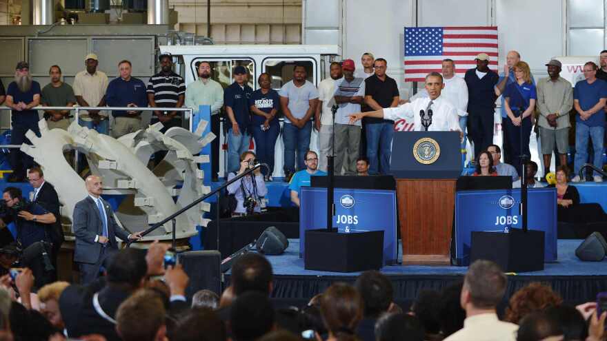 President Obama speaks at Ellicott Dredges in Baltimore on May 17. The trip followed a visit by the company's president to Capitol Hill to testify in support of the Keystone XL pipeline. The White House says Obama's speech had nothing to do with Keystone, but environmental groups have been frustrated with his stance on the issue.