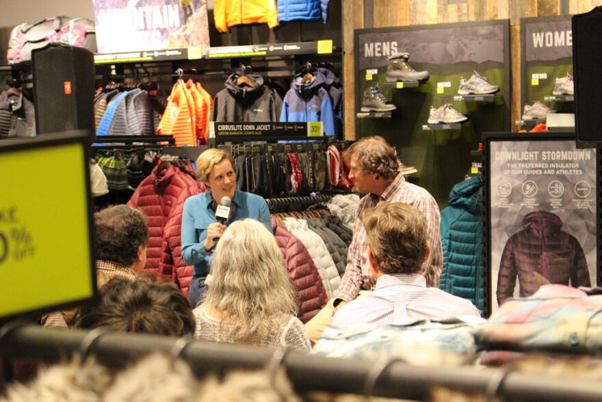 KUOW's Ashley Ahearn and mountaineer Dave Hahn speak at Eddie Bauer store in University Village on October 28, 2016. 