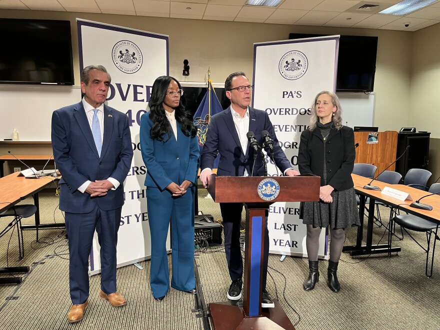 Wyoming County District Attorney Joe Peters, PA Department of Drug & Alcohol Programs Secretary Dr. Latika Davis-Jones, Governor Josh Shapiro and PA Department of Health Secretary Dr. Debra Bogen take questions after a roundtable in Wyoming County.