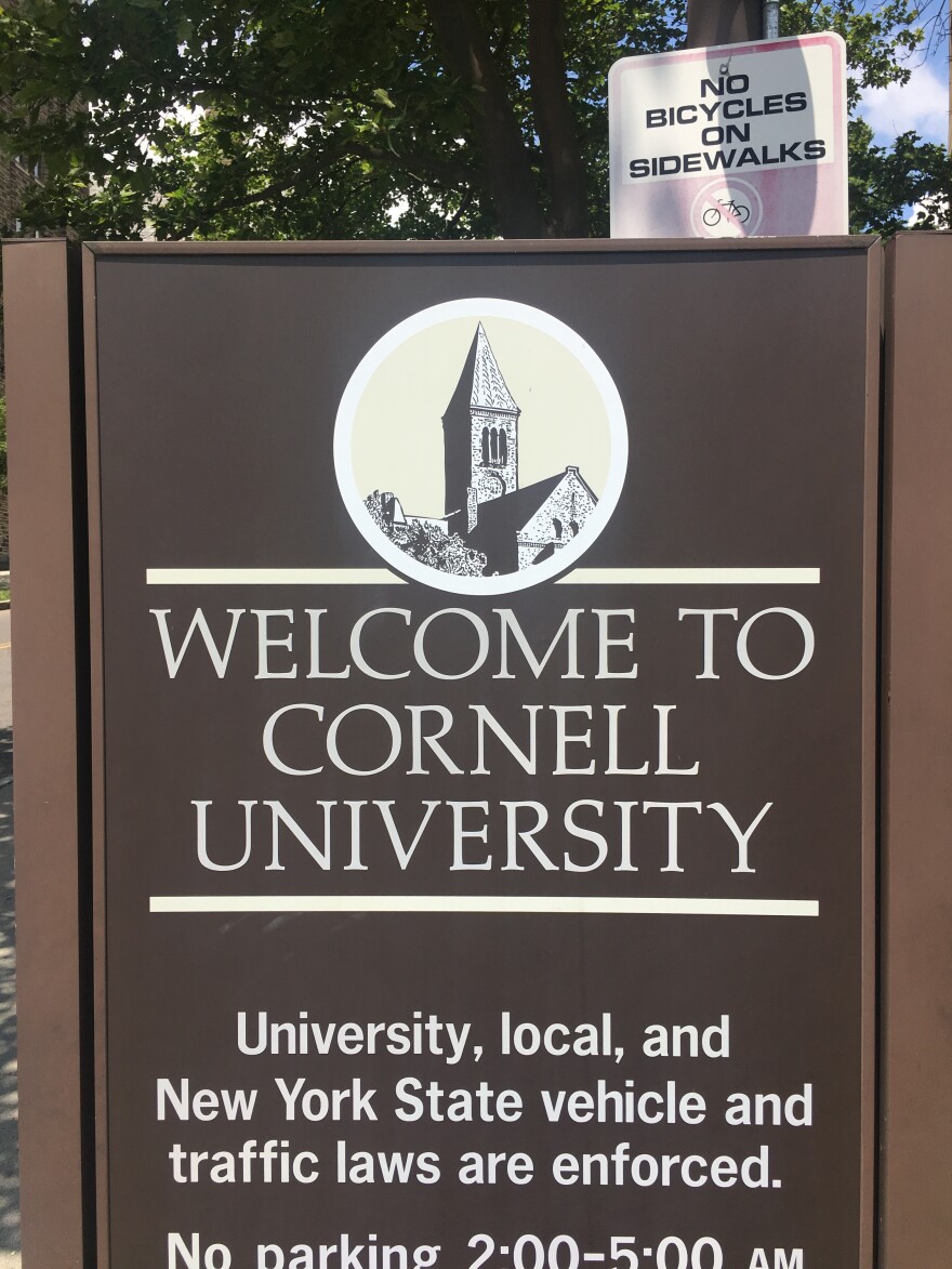 Sign at an entrance to Cornell University campus. Ithaca, New York. Celia Clarke/WSKG Public Radio)