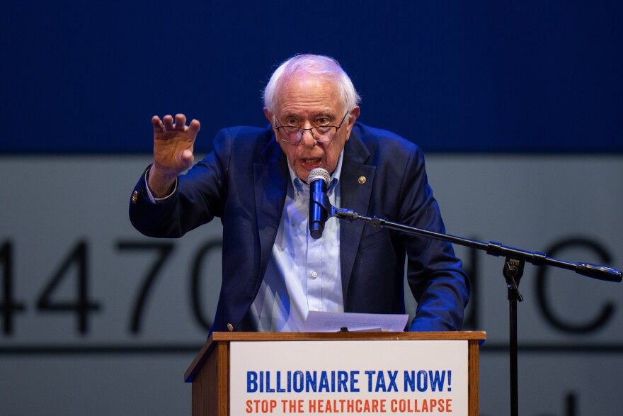 Sen. Bernie Sanders, I-Vt., speaks at a campaign event for a proposed "billionaires tax," in Los Angeles, Wednesday, Feb. 18, 2026.