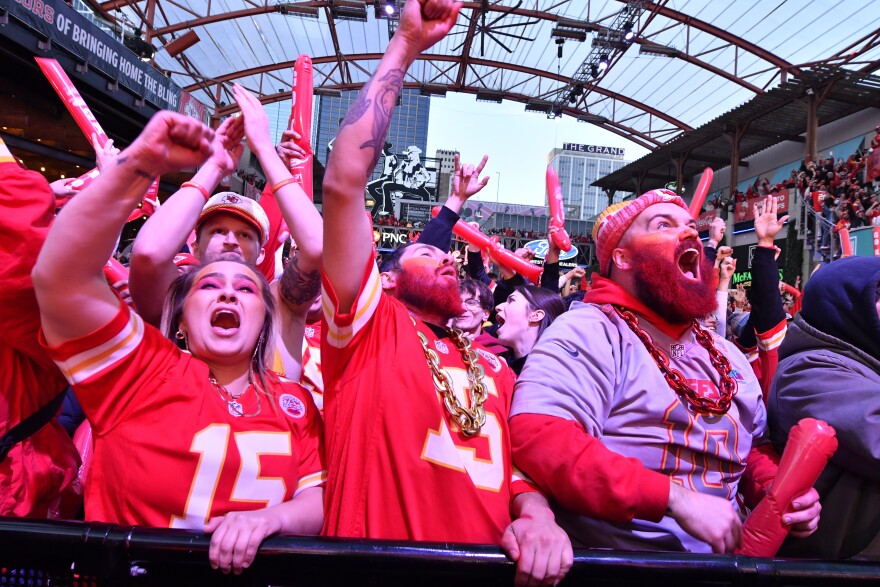 Fans gathered downtown at the Power and Light District to cheer on the Kansas City Chiefs in the Super Bowl on Sunday, Feb. 11, 2024.