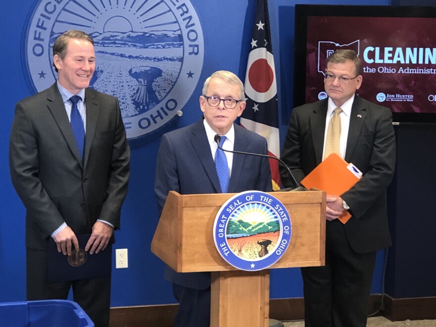 Gov. Mike DeWine (R-Ohio) with Lt. Gov. Jon Husted (R-Ohio) and Roger Geiger, state executive director in Ohio for National Federation of Independent Business Inc.