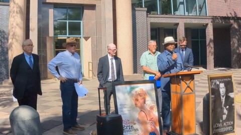 The environmental scientists joined 2 elected officials for a media event in front of Tallahassee City Hall on March 23. From left-to-right: Fred Kocher; Dan Axelrad; Dr. Ron Saff; Tony Murray; Leon County Commissioner Bill Proctor; and Tallahassee City Commissioner Jeremy Matlow.