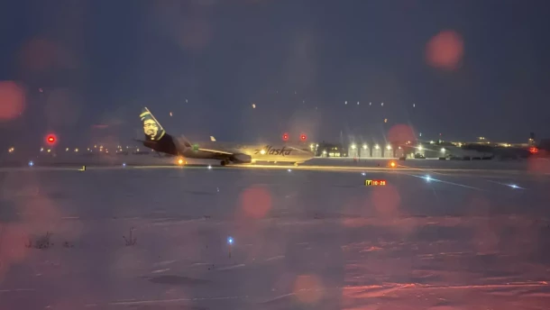 An Alaska Air Cargo freighter arrives in Nome on Dec. 18, 2025.