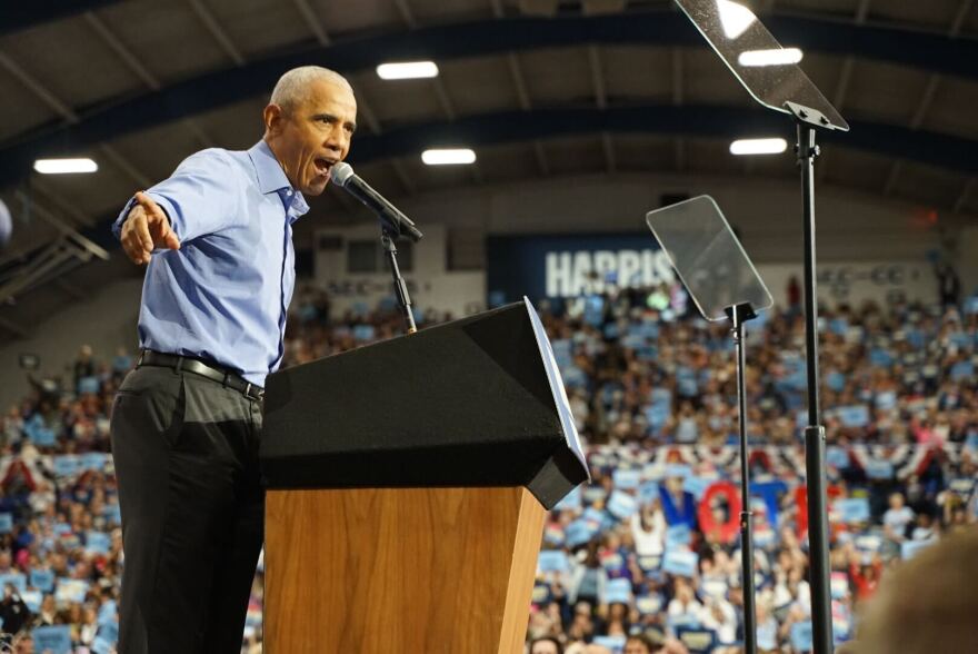 Former President Barack Obama stumps for Kamala Harris at the University of Pittsburgh on Oct. 10, 2024.