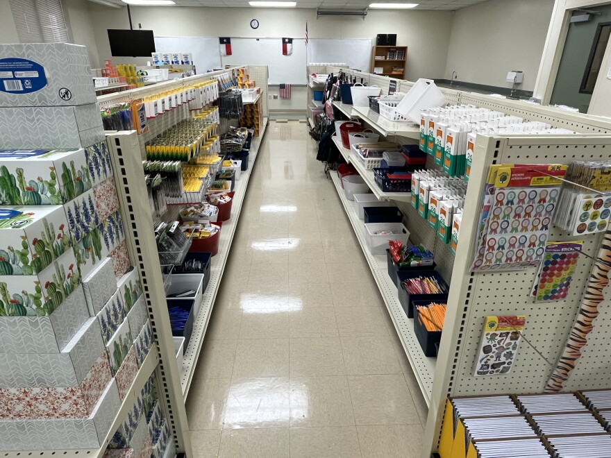Aisles of supplies at the teacher store, housed at the Young Men's Leadership Academy at 415 Gabriel in San Antonio, TX.