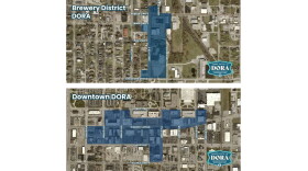 Two maps show the Brewing and Downtown DORA districts.