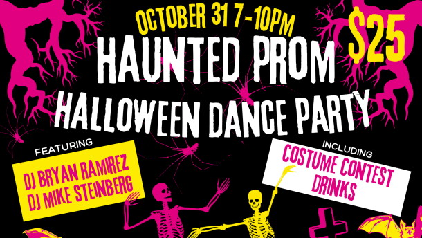 A graphic advertising the Haunted Prom Halloween Dance Party, Oct. 31, 7-10 p.m., a benefit for Montana Public Radio. Featuring DJs Bryan Ramirez and Mike Steinberg, including a costume contest and drinks. Westside Theater, 1200 Shakespeare St #2 in Missoula. Tickets at thewestsidetheater.com