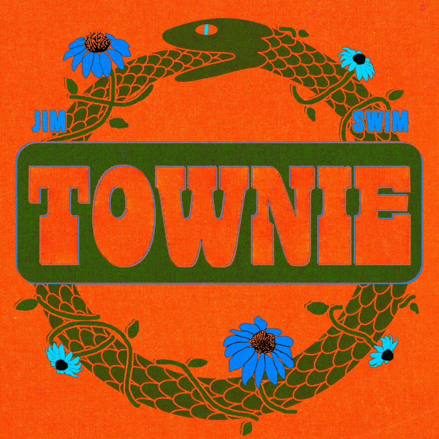 A green ouroboros, the title "TOWNIE" and the artist "JIM SWIM" atop a bright orange background.
