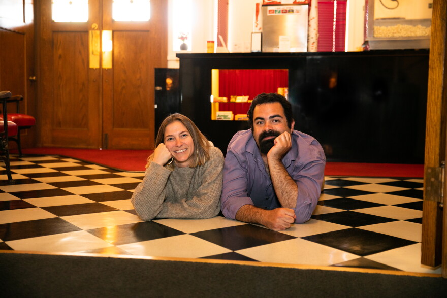 Crystal Theatre Alliance Executive Director Kate Schwerin and General Manager Will Grandbois in the lobby of the theatre.
