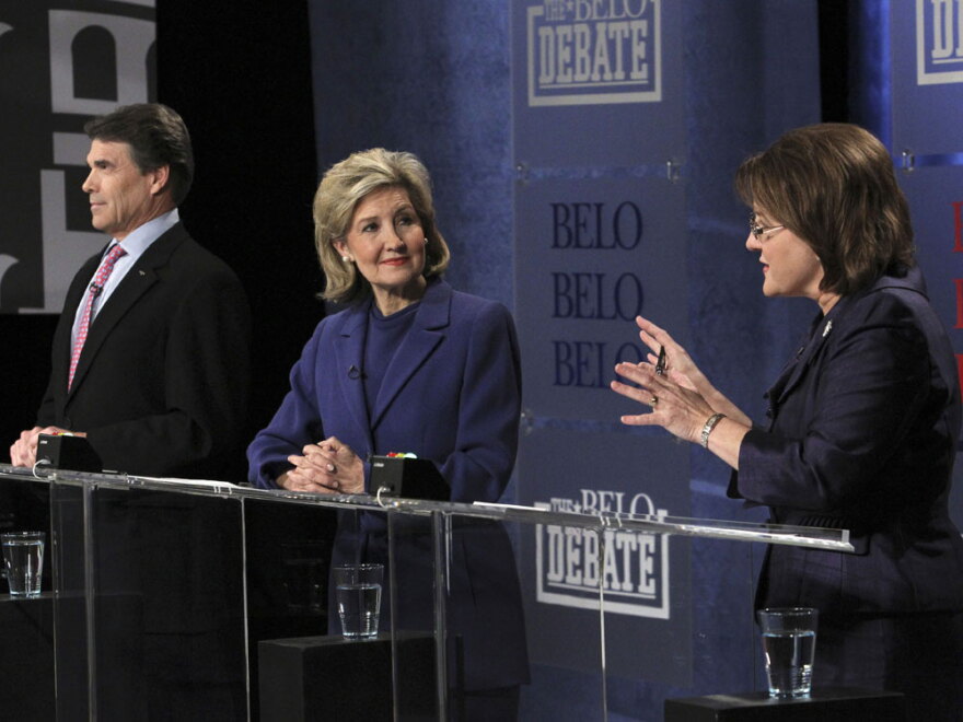 Texas GOP gubernatorial candidates (from left) Gov. Rick Perry, Sen. Kay Bailey Hutchison and Debra Medina debate in Dallas.