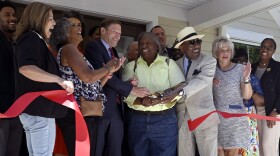 Officials hold a ribbon cutting ceremony unveiling a new affordable housing project at the Valley Townhomes on Valley Street June 28,/2024 in New Haven, Connecticut. (Front row left to right) CT Department of Housing Commissioner Seila Mosquera-Bruno, State Representative Toni Walker U.S. Senator Richard Blumenthal (D-CT) New Haven Alder Honda Smith, William Kilpatrick, Chairman of the Board, Housing Authority of New Haven and Suzanne Piacentini, Department of Housing and Urban Development (HUD).