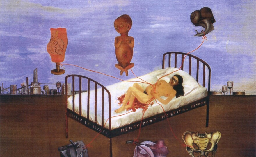 In Kahlo's painting <em>The Henry Ford Hospital, </em>she depicts her traumatic loss of a pregnancy.