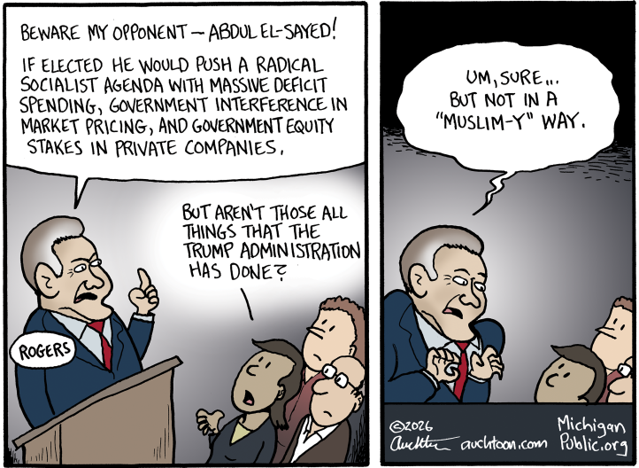 A cartoon depiction of Mike Rogers stands at a podium talking to crowd of people
