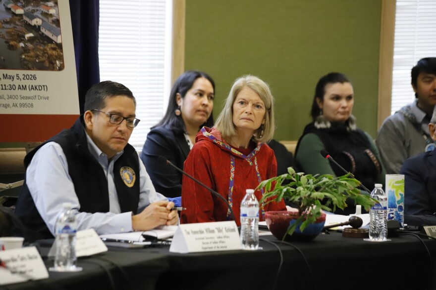 Assistant Secretary for Indian Affairs Billy Kirkland (left) U.S. Senator Lisa Murkowski (R-Alaska) listen during a roundtable with tribal leaders impacted by Typhoon Halong on May 5, 2026.