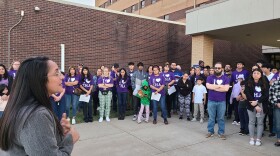 Elsie Urueta Pollock, CEO of Tulsa Honor Academy, speaks to students, parents and staff outside of the Charles C. Mason Education Service Center after leaving Monday's board meeting.