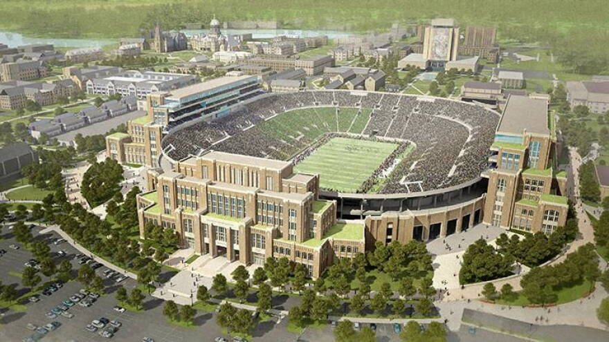 The new music building is a six-story structure connected to the south side of Notre Dame Stadium.