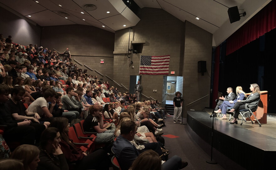 Minnesota Court of Appeals judges Keala C. Ede, Elise L. Larson and Rachel Bond answer questions from Pequot Lakes students Sept. 22, 2026, in the high school auditorium.