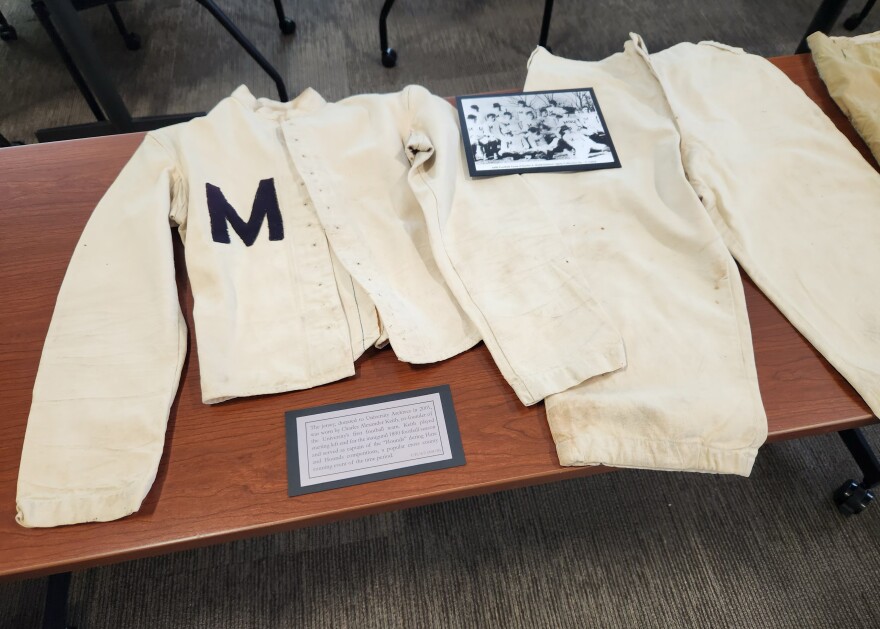The University of Missouri archives holds many artifacts related to the history of football at Mizzou – and, of course, many artifacts related to the longstanding Missouri-Kansas rivalry. Shown here is a uniform from the very first Mizzou football team created in 1890.