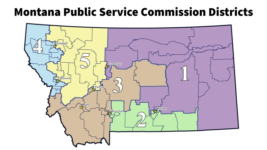 Map of Montana Public Service Commission districts as of October, 2026.